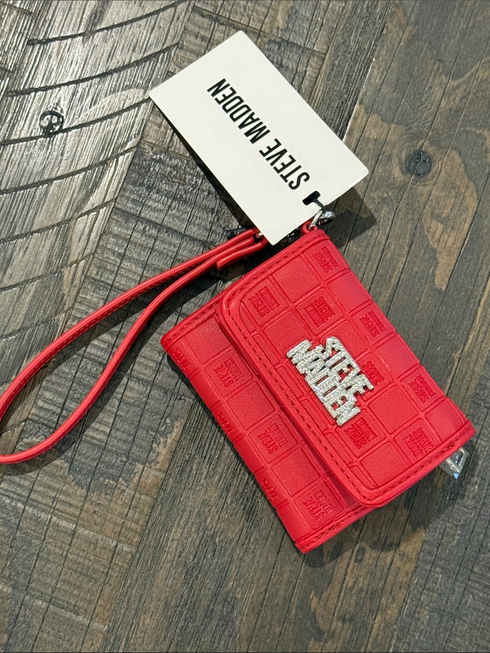 Steve Madden Red Wristlet Wallet Mini Trifold Grid Pattern Rhinestone Logo NWT